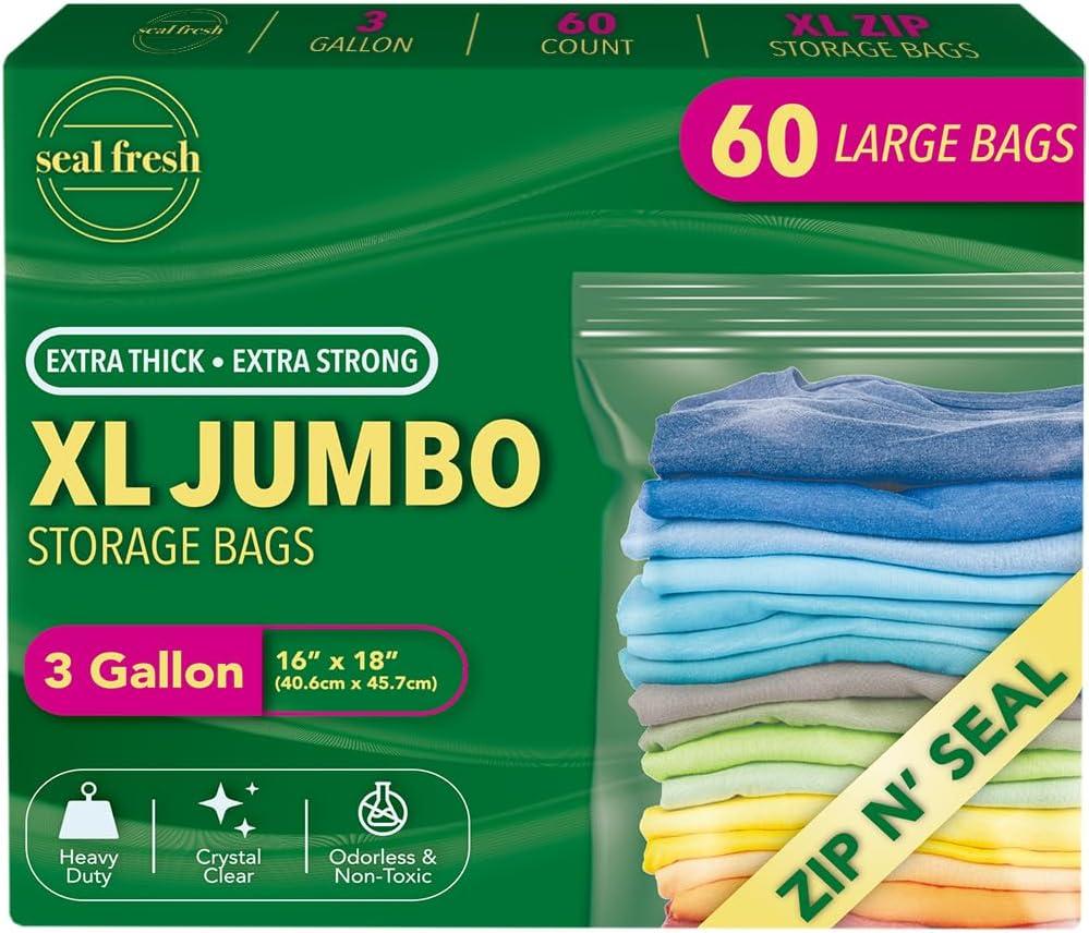 3 Gallon Large Plastic Storage Bags  16" x 18" (60 Count)  Reusuable XXL Extra Large Heavy Duty Clear Jumbo Freezer Zip Lock Bags with Sealable Zipper Top For Clothes, Travel, Moving