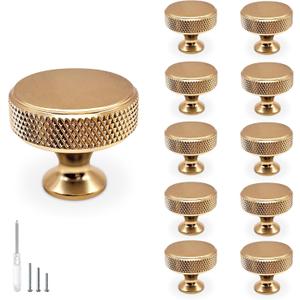 10 Pack Brushed Gold Kitchen Cabinet Knobs, Kitchen Knobs for Cabinet Dresser Drawer Pull Handles Closet Door Knobs Easy Install Durable Hardware (Round, Gold)