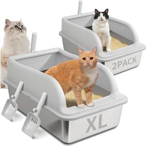 2PACK Stainless Steel Litter Box with Lid, Extra Large Metal Litter Boxes for Big Cats and Kitten, XL High Sided Littter Box,Odorless,Non-Stick,Easy Cleaning,Scoops Included