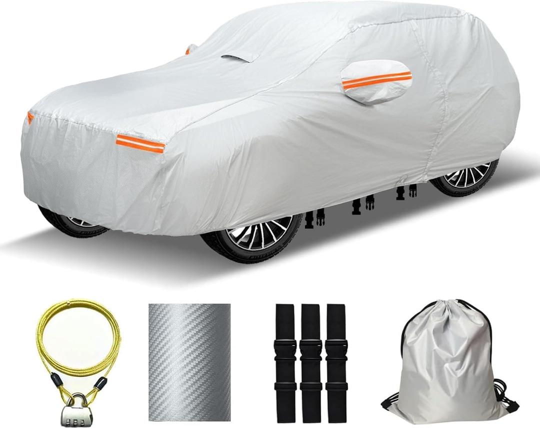 30 Layers Heavy Duty SUV Car Cover for Automobiles All Weather Waterproof, Outdoor Snowproof UV Protection Windproof, Door Zipper, Soft Cotton Universal Car Covers (Silver, Fit SUV 191"-200")