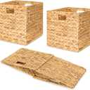 10.5'' Foldable Large Cube Water Hyacinth Wicker Storage Baskets with Handles and Built-in Metal Frame, 2Pcs Stylish and Durable Hand Woven Bin Perfect for Shelves and Living Room Organizing (Set of 2)