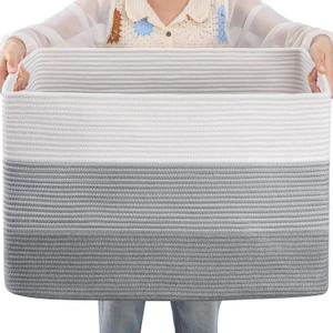 OIAHOMY 108L Large Cotton Rope Basket, Rectangle Woven Baskets for Storage, Nursery Blanket Storage Living Room, Toy Basket With Handle-25x16x16-Gradient Grey