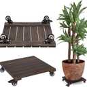 2PCs Wood Plant Caddy with Wheels 14 inches, Heavy Duty Rolling Plant Stand with 360 Lockable Wheels, Wooden Square Plant Dolly for Indoor and Outdoor Large Plants, Patio Pots, Walnut