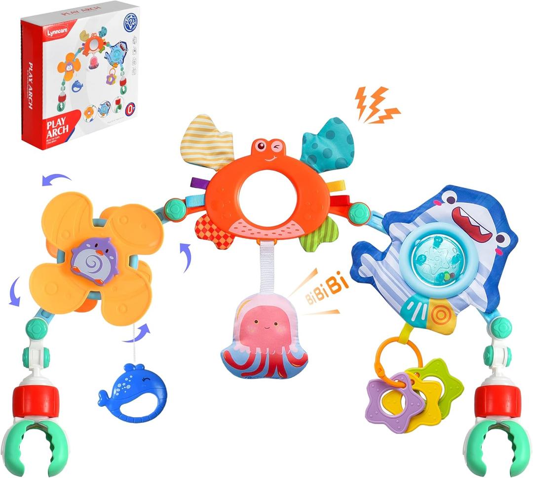 Baby Stroller Arch Toy, Car Seat Toys, Adjustable Arch Stroller toy with Hanging Sensory Activity toys,fits on Baby Bouncer, Bassinet, Stroller, Crib and Car Seats for baby infant Boy Girl 0-18 Months (Set of 4)