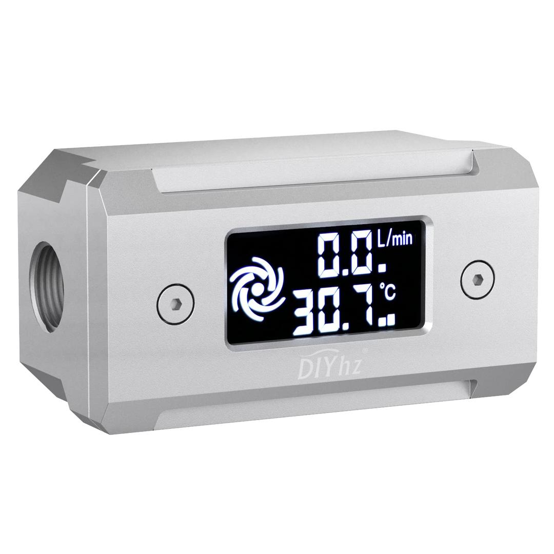 G1/4 Aluminum Alloy Shell LCD displaydigital Display Flow Thermometer Temperature Indicator CPU Temperature Monitor Silver