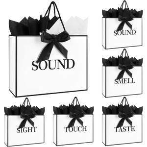 5 Senses Gift Bags for Him Her With Labels,Handles,Ribbon and Tissue Paper, 12.6 X 8.7 X4 Inch Five Senses Paper Bags, Suitable for Birthday Party,Wedding,Anniversary,Christmas,Valentine's Day (White Black)