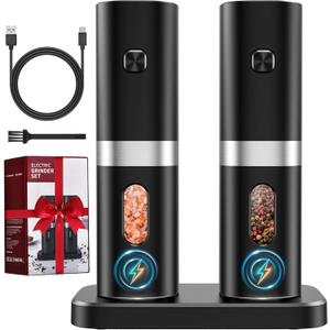 Electric Salt and Pepper Grinder Set, New Rechargeable Salt and Pepper Mill with Charging Base, Adjustable Coarseness Shakers with LED Light, One Hand Operation for Kitchen Appliances Gifts for Women (Classic Black)