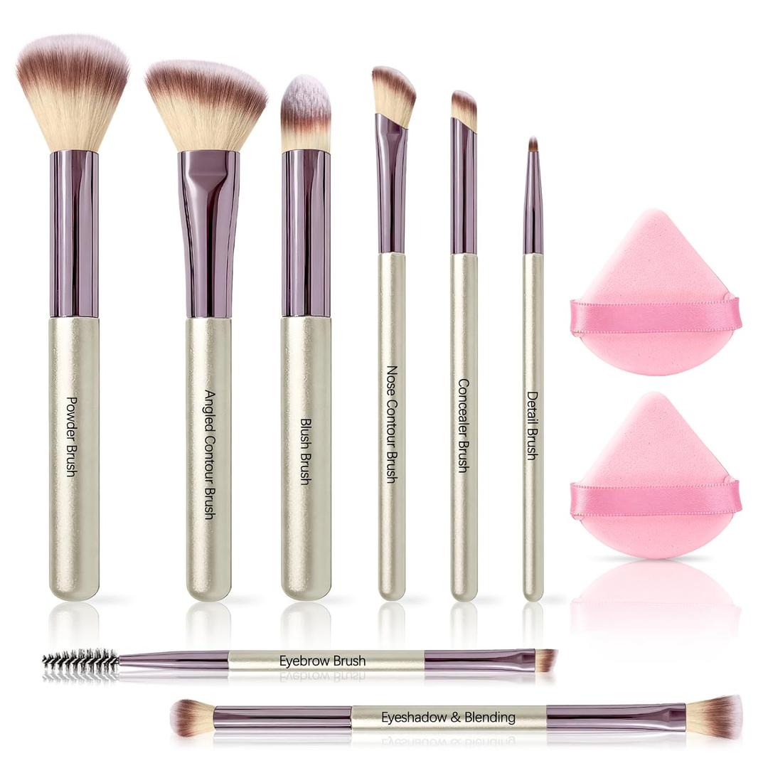 SOYOK Makeup Brush Set, Premium Synthetic Makeup Brushes with 2 Puffs, 8 Pcs Make up Brushes for Powder Concealers Eye Shadows Blush, Brush Kit with Gift Box for Beginners Professional Travel (Sliver)