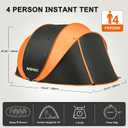 Pop Up Camping Tent, 4 Person Instant Tent Waterproof PU4500mm, Spacious Ventilated Camping Tent with Front Porch, Quick Setup Lightweight Portable for Outdoor Camping Hiking Beach, Orange