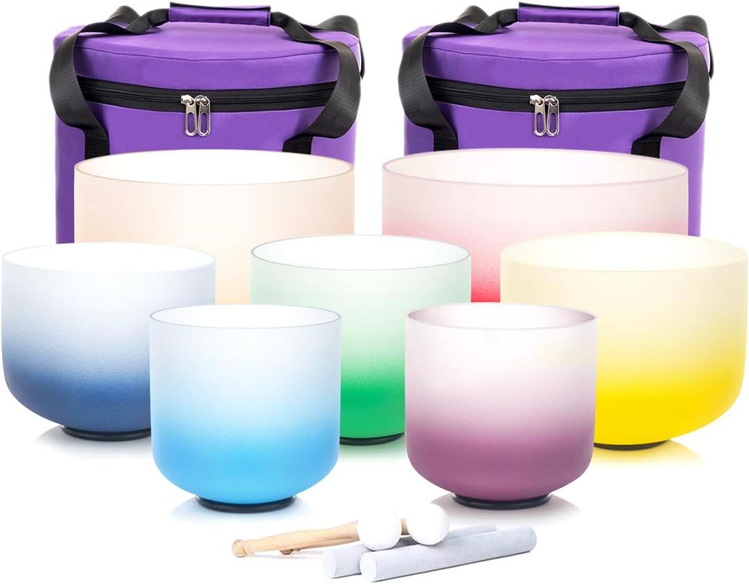 432HZ Crystal Singing Bowls Chakra Set of 7 Color 7-12" Frosted Quartz Sound Singing Bowls Set of 7 with 2 Travel Carry Cases Bags 2 Mallets Suede 2 Strikers 7 O-rings