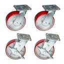 Nisorpa 8 inch Heavy Duty Caster Set of 4 Red Polyurethane Steel Caster Wheels Flat Free for Industrial Trailer Furniture - 2 with Brakes and 2 without Brakes