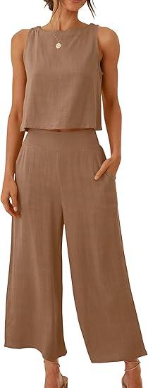 ANRABESS Women's Summer 2 Piece Outfits Sleeveless Crop Top Capri Wide Leg Pants Jumpsuit Linen Lounge Beach Travel Sets, Medium