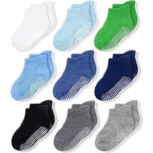 CozyWay Baby & Toddler Socks with Grippers Non Slip Ankle Grip Socks For Boys and Girls Babies - Comfy Soft Cotton - 9 Pack (1-3T, Blue)