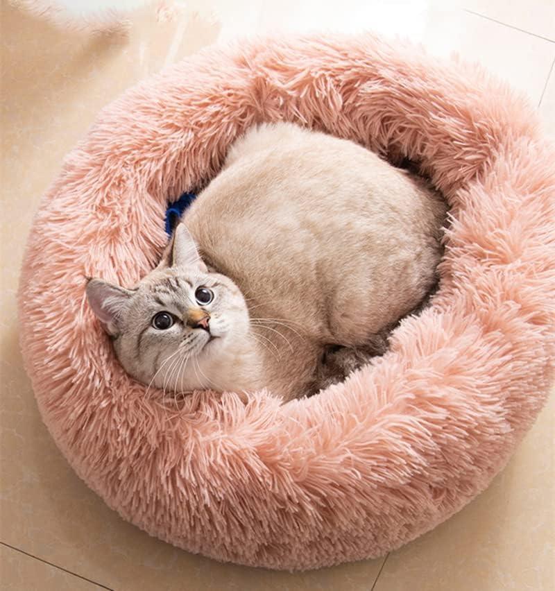 Cat Beds for Indoor Cats - Cat Bed Washable 20 inches, Dog Beds for Small Medium Dogs, Anti Anxiety Round Fluffy Plush Faux Fur Pet Bed, Thick Bottom (Pink, Medium)