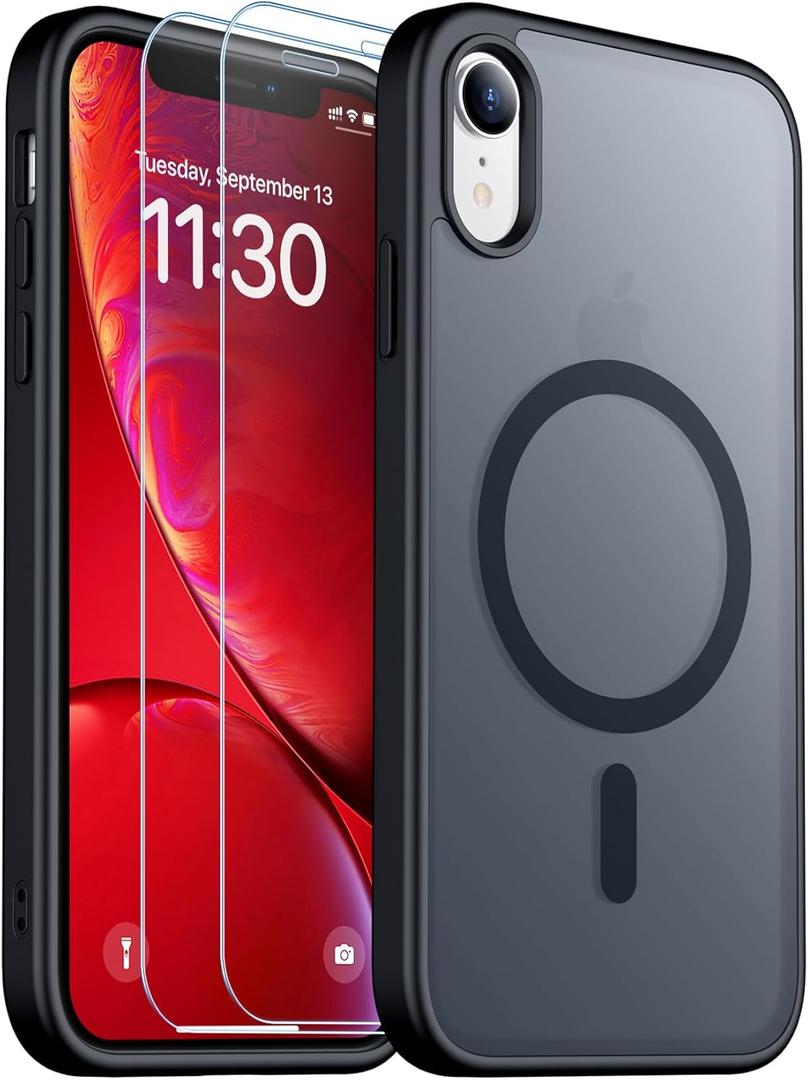 SPIDERCASE Designed for iPhone XR Case, Magnetic Translucent with 2 PCS Tempered Glass Screen Protector Anti-Fingerprint Phone Case for iPhone XR 6.1",Black