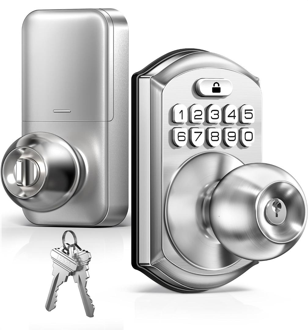 TEEHO TE003 Keyless Entry Keypad Door Lock with Handle, Electronic Digital Smart Deadbolt Locks with 2 Backup Keys, Door Knob with Code for Front Door Bedroom, Auto Lock, Easy to Install, Satin Nickel
