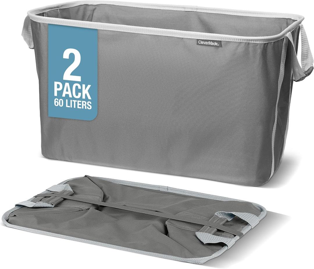 CleverMade Collapsible Laundry Basket 2 Pack  60L (16 Gal) Foldable Clothes Hamper with Reinforced Handles, Space Saving Fabric Laundry Bin, Holds 55 lbs, Flat Folding for Dorm, Apartment & RV - Charcoal