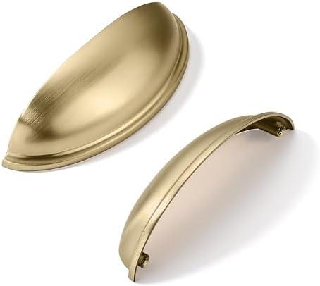 khtumeware 10 Pack 3-3/4" Gold Drawer Pulls Brushed Brass Cabinet Cup Pulls Kitchen Hardware Cabinet Handles Drawer Handles Knobs 3-3/4 inch Hole Center