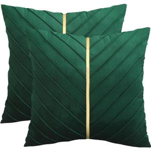 Green Velvet Throw Pillow Covers 24 x 24 Pack of 2 with Gold Leather Forest Green Decorative Couch Pillowcase Luxury Modern Soft Pillow Cover Spring Summer Home Decor for Sofa Bed Living Room