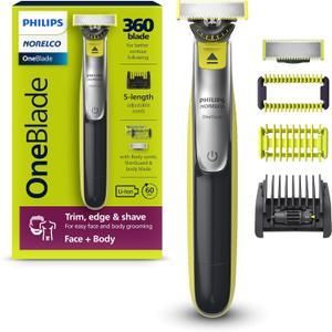 Philips Norelco OneBlade 360 Hybrid Face + Body, Electric Beard Trimmer, Shaver and Body Groomer, with 360 Blade Technology, 1x 360 Blade for Face, 5in1 Adjustable Comb, 1x Body Kit, Model QP2834/70 (OneBlade 360 Face + Body, Black/Lime Green)