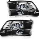 DimFlux Headlight Assembly, Compatible with 2009-2018 Dodge Ram 1500/2010-2018 Ram 2500 3500 4500 5500(Only fit factory quad style halogen headlights) Black Housing Clear Reflector