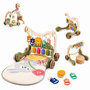 3-in-1 Baby Walker with Tummy Time Mat and Stroller Toys-Sit-to-Stand Walker for Baby Development-Ideal Baby Push Walker and 6-Month-Old Baby Must-Haves-Fun Learning Playtime (Dark Bud Green)