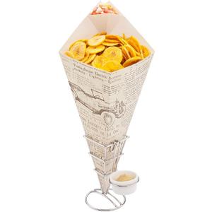 Restaurantware Cone Tek 15 Inch French Fry Cones, 100 Recyclable Food Cones - Built-In Sauce Cup Grease-Resistant Lining, Newsprint Paper Snack Cones, For Appetizers And Charcuterie - Restaurantware