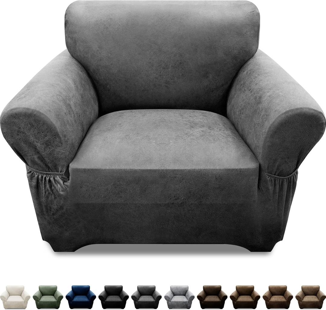 Single Sofa Cover Leather Look Chair Covers for Living Room 1-Piece Sofa Chair Covers with Arms Stretch Furniture Protector with Elastic Bottom & Pockets(Armchair, Grey)
