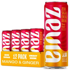 Zevia Zero Sugar Energy Drink, Mango Ginger, 12 oz Cans (12-Pack) Naturally Sweetened, Zero Calorie Sugar Free Energy - Non-GMO Project Verified, Gluten-Free, Vegan BBD 03-21-27