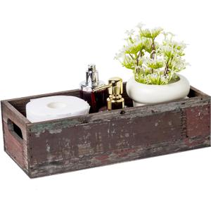 TIMRIS Farmhouse Distressed Wooden Storage Box, Rustic Bathroom Decor Box, Decorative Toilet Tank Basket Nice Butt, Solid Reclaimed Wood Organizer Box with Handles (Random)