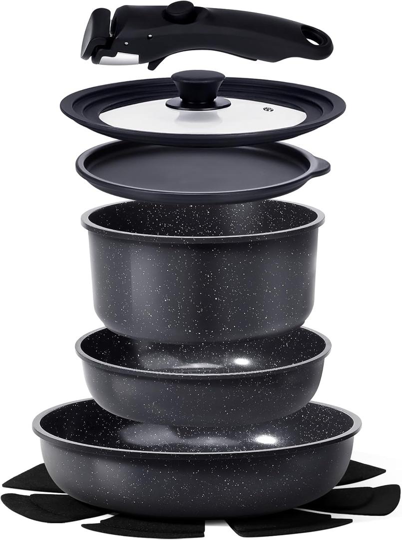 GiPP Ceramic Non Stick Pots and Pans Set,Nonstick Detachable Handle Cookware Sets,Healthy Non Toxic PFAS PFOA & PTFE Free, Dishwasher Oven Safe, Induction Kitchen Pot and Pan, 8 Piece Grey (Dark Gray)