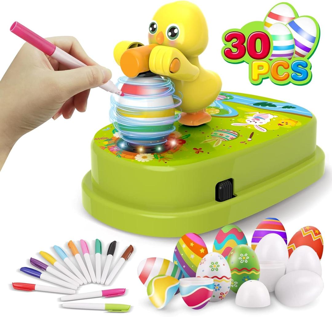 Engfa Easter Egg Decorating Kit, Easter Egg Dye Kit Egg Decorating Spinner with 12 Dying Markers 30 Plastic Easter Eggs and Slings, Easter Basket Stuffers Easter Gifts for Kids (Yellow-green)