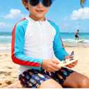 Boys Two Piece Swim Set Zipper Rash Guard Swimsuits Long Sleeve Bathing Suit for 4-12 Years (Light Blue Paddleboard)
