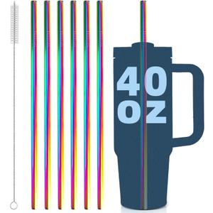 for Stanley Quencher 40oz Tumbler 6x Metal Stainless Steel Straws, 12inch Replacement Extra Long/Tall Straws for Stanley Cup 40oz Drinking Reusable Accessories (6x Straight,10mm Colorful)