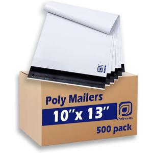 POLYSELLS 500 Pack 10x13 Inch Poly Mailers Shipping Envelopes, Strong Adhesive Sealing, Waterproof, and Tear-resistant Postal Mailing Bags for Clothing, Books, and Accessories White