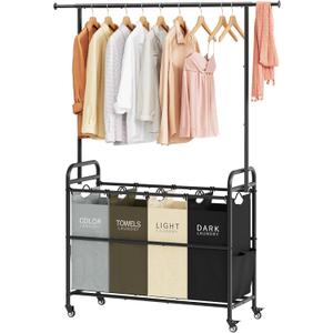 Tajsoon Laundry Sorter Cart with Hanging Clothes Rack, 4 Butler Sorter Basket Organizer, Laundry Hamper Cart with Heavy Duty Rolling Lockable Wheels, 4 Colors