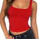 ForeFair Women's Sleeveless Square Neck Tank Top Double Layer Basic Crop Tops Summer Fitness Workout Casual Tops (Red) S