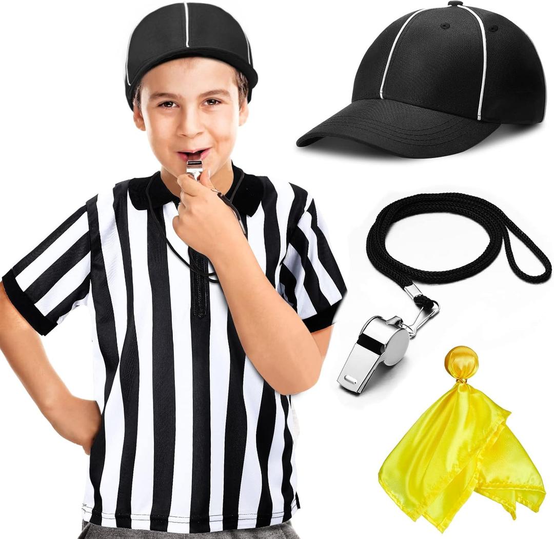 Funtery 4 Pcs Referee Costume Set Kids Referee Hat Stripe Shirt Whistle and Penalty Flag for Football Games Party Accessory (Small)