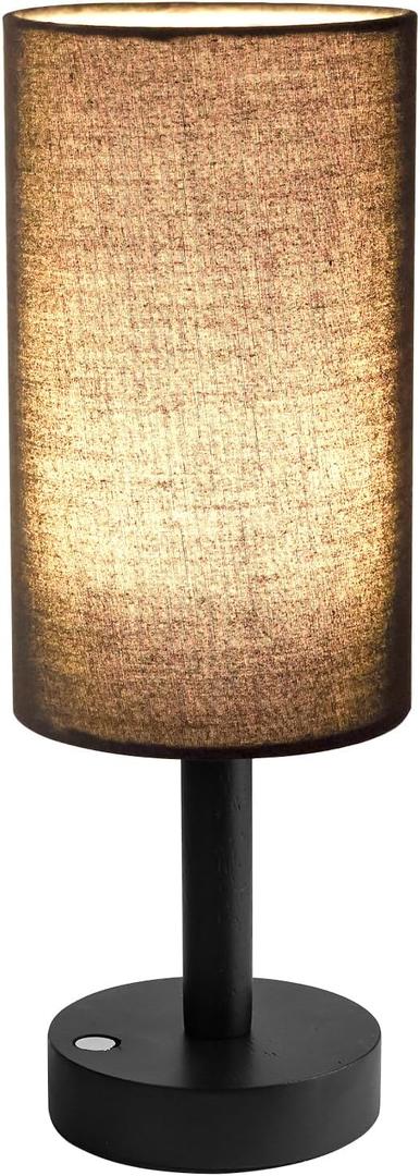 LALISU Small Table Lamp Nightstand Lamp Linen Lampshade Bedroom Wood Base Small Bedside Lamp for Night Stands, Desk Lamps for Reading Living Room, Office (LED Bulb Included) (Black and Cordless)