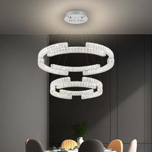 D32''+D20'' Modern 2 Ring Crystal Chandeliers for Living Room Crystal Pendant Light Crystal Chandeliers Foyer Entrance Chandeliers LED Dimmable 3000-6000K Fixtures (Silver)