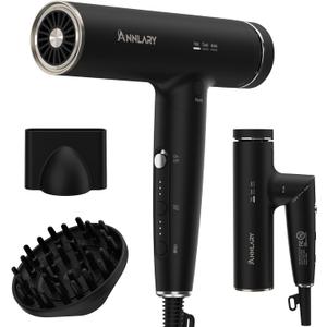 Plasma Ion Hair Dryer with Diffuser for Curly Hair, 110000 RPM Professional High Speed Blow Dryer with Plasma Ion, 1500W Foldable Travel Hairdryer with 6.5 Ft Cord Fast Drying for Women Men