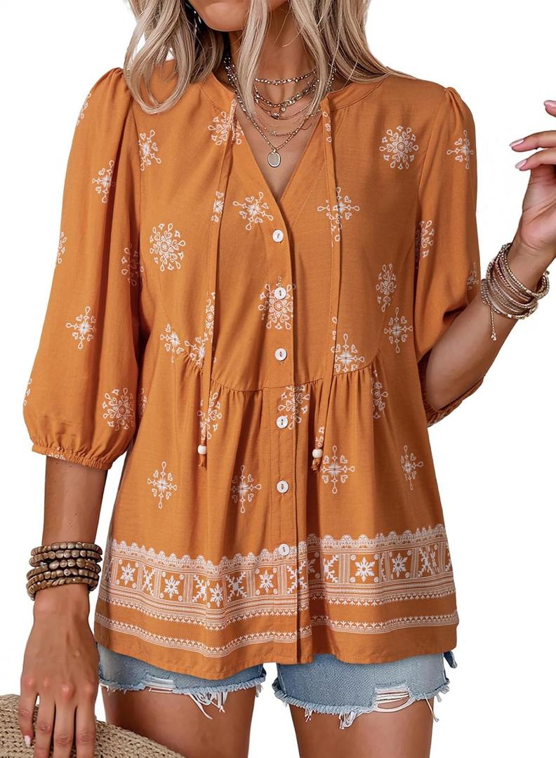 Dokotoo Womens Summer Tops Boho Floral Short Sleeve Button Down V Neck Peplum Babydoll Casual Loose Blouses Shirts XLarge
