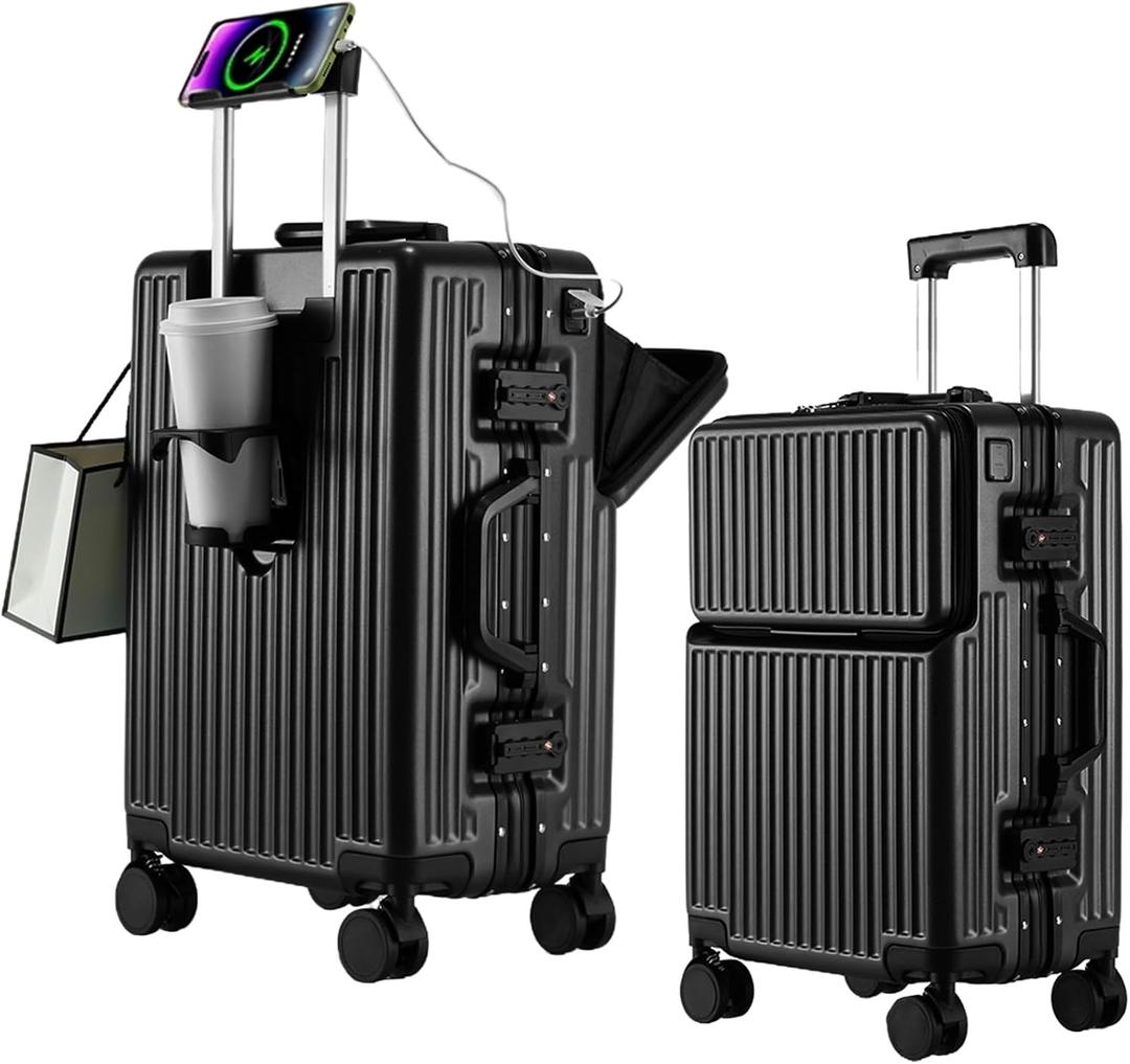 2-Piece Hardshell Zipperless Luggage Set, 20/26" Aluminum Frame Hardshell Spinner Luggage, Airline Approved Carry-On Luggage, TSA Lock, 360 Quiet Wheels With Cup Holder (Black), Medium