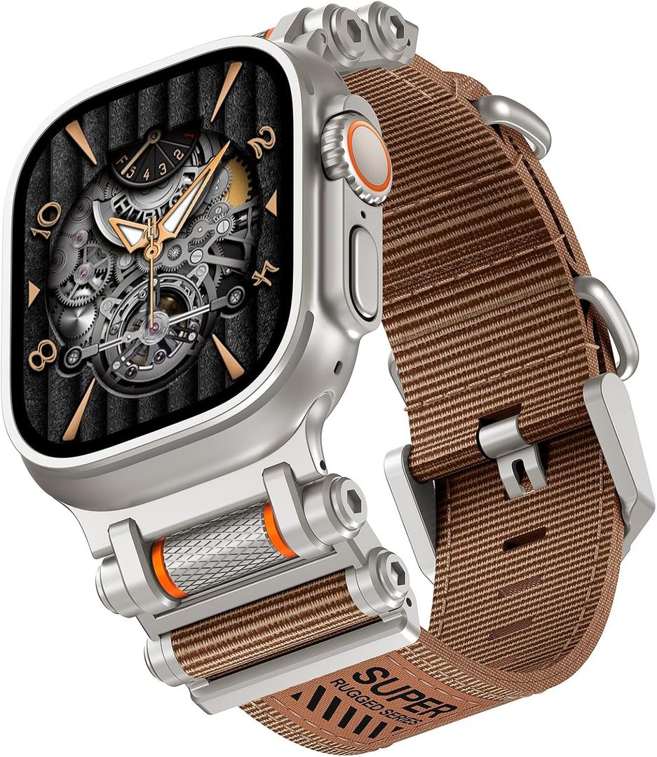 TAURI Nylon for Apple Watch Ultra 3/2 Bands 49mm, Rugged Nylon Braided Strap & Stainless Steel Metal Connector  Adjustable iWatch Ultra Men's Woven Sport Band, Brown