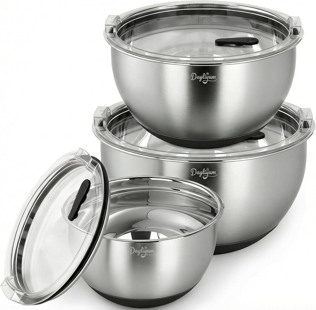 Mixing Bowls with Airtight Lids, Stainless Steel Nesting Bowl Set with Clear Lids & Valve, 3 Essential Sizes (1.5/3/5 QT), Measurement Marks, Non-Slip Silicone Base, Food Prep & Fridge Storage, Black