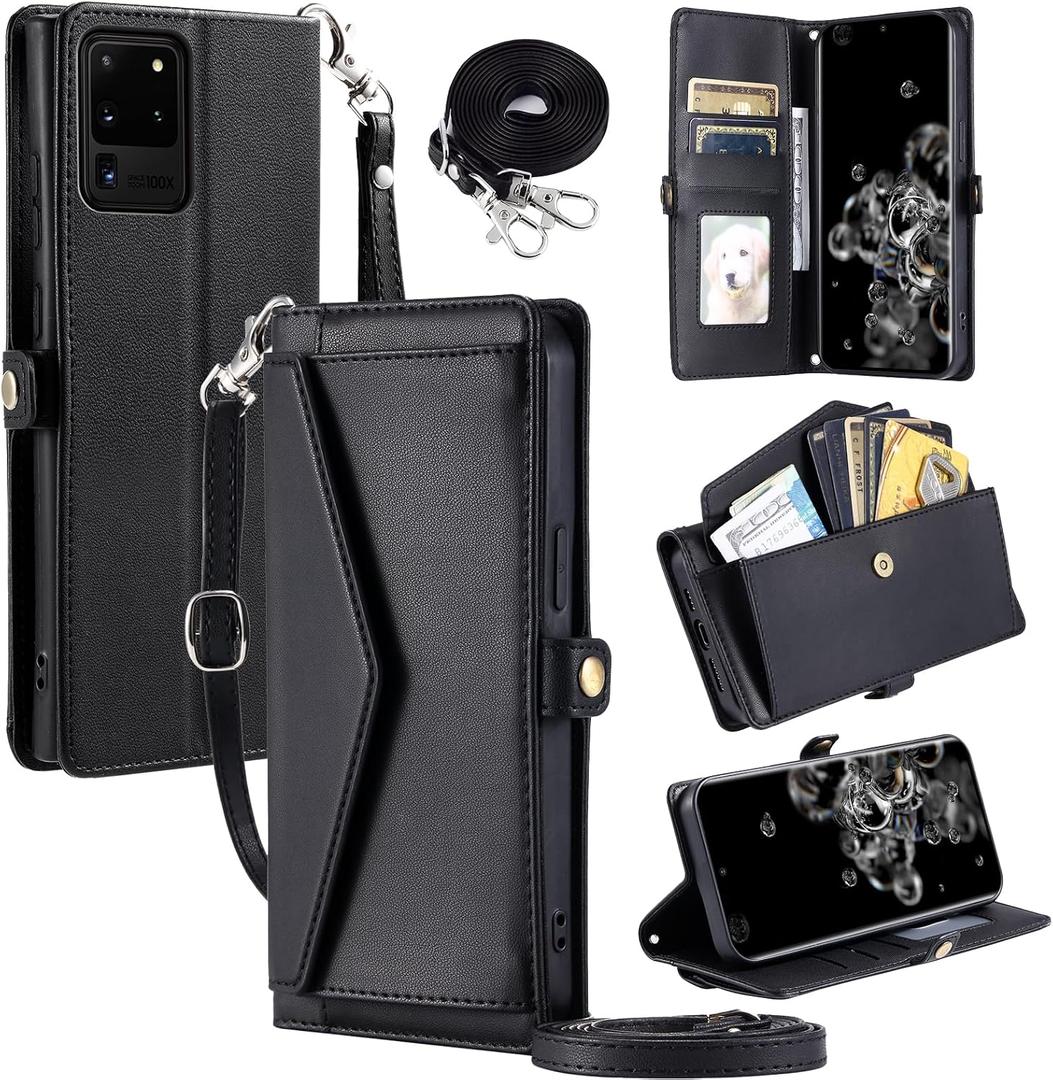 Wallet Case for Samsung Galaxy S20 Ultra 5G with Wrist Strap Card Holder Shockproof Soft PU Leather Magnetic Snap Pocket Stand Cell Phone Cover S20ultra 20S S 20 A20 S2O 20ultra G5 Women Black