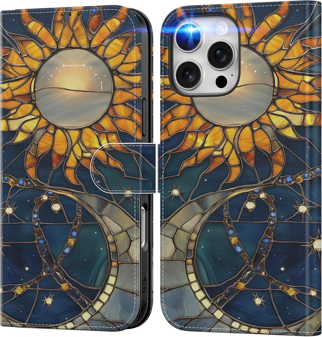 FUNMIKO for iPhone 16 Pro Max Wallet Case with Cash Clip + Card Holder | RFID-Blocking, Military-Grade Drop Protection & UV-Printed Artwork, Magnetic Closure with Leather Kickstand