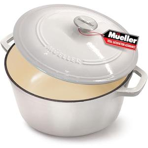 Mueller 6qt Enameled Cast Iron Dutch Oven, Heavy-Duty Casserole and Braiser Pan with Lid and Knob, Oven-Safe up to 500° F & Across All Cooktops, White Mueller 6qt Enameled Cast Iron Dutch Oven, Heavy-Duty Casserole and Braiser Pan with Lid and Knob, Oven-Safe up to 500° F & Across All Cooktops, White
