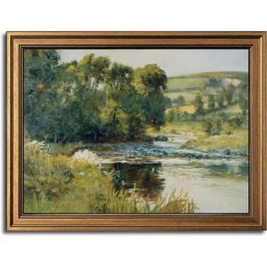 Gold Framed Wall Art Vintage River Canvas Wall Art Nature Landscape Antique River Artwork Prints Picture for Living Room Bedroom Farmhouse Bathroom Office Decor, 16x24