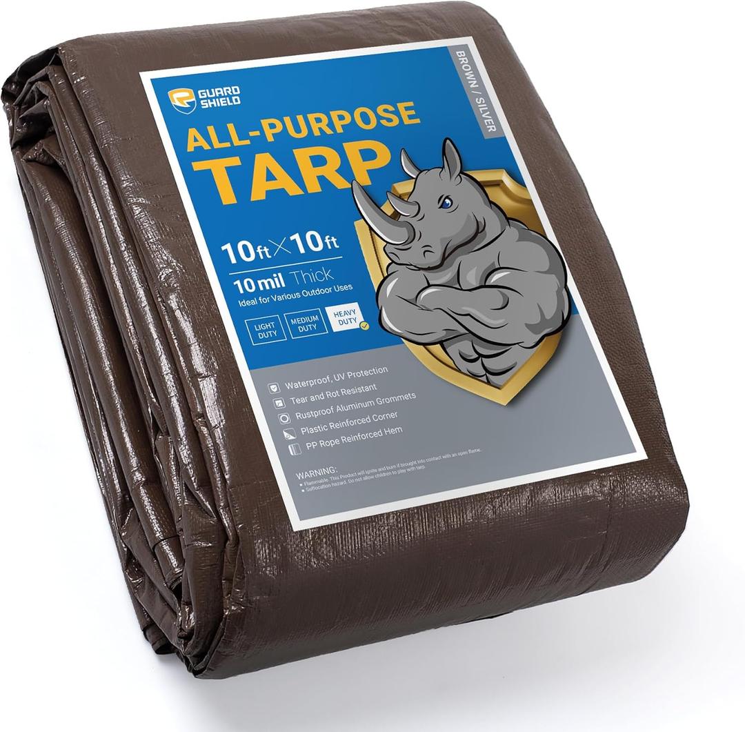 GUARD SHIELD Tarps Heavy Duty Waterproof 10x10 Feet Brown/Bright Silver Poly Tarp Cover Square Outdoor Thick UV Resistant Tarpaulin with Grommets 10mil